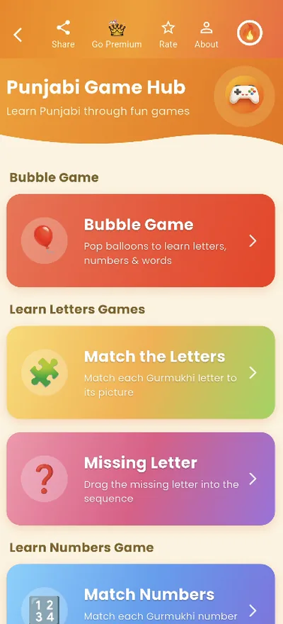 Punjabi Game Hub — learn letters and numbers through games