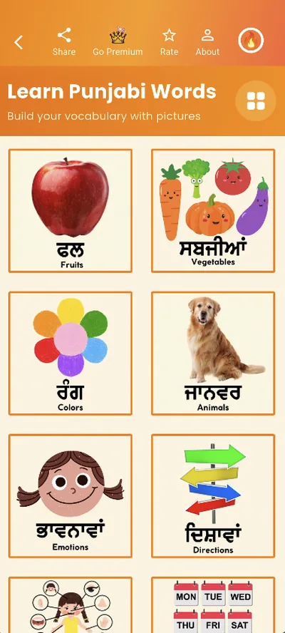 Learn Punjabi words with illustrated vocabulary cards
